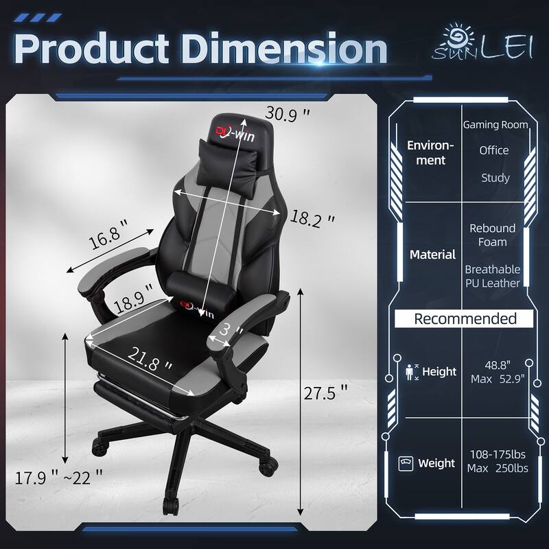 Futzca Gaming Chair PU Leather Office Chair with Headrest, Footrest & Massage Lumbar Support