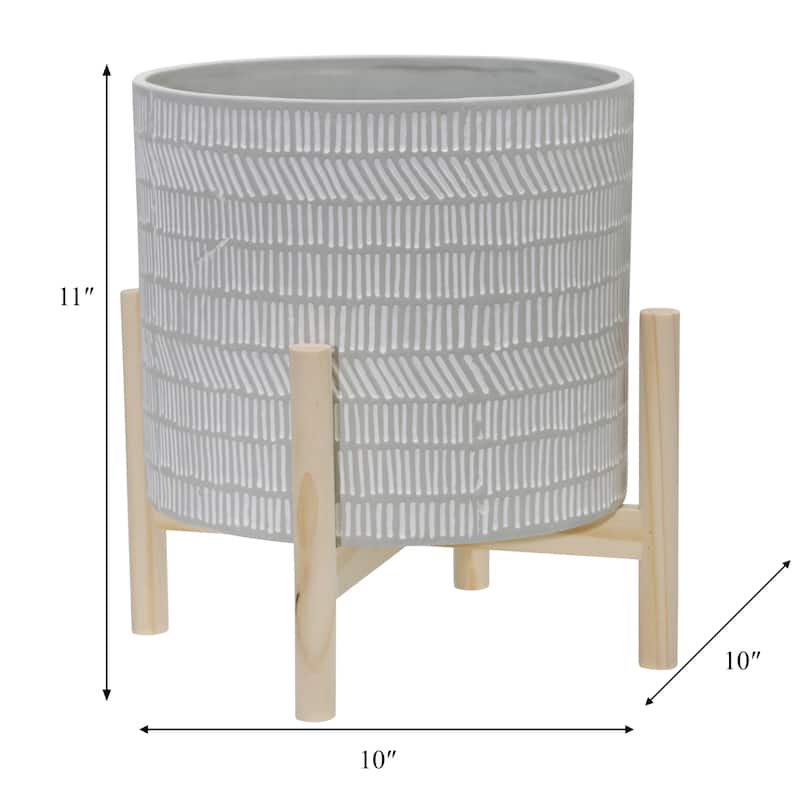 Sagebrook Home Neutral Ceramic Ivory Line Design Planter on Wooden Stand