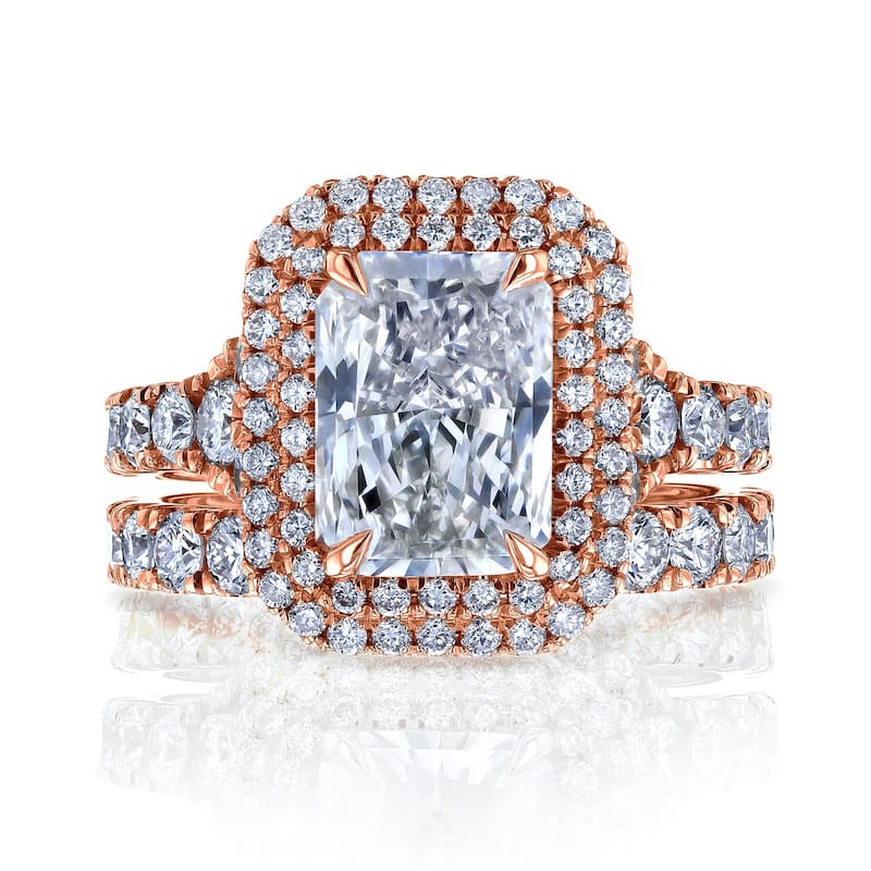 Kobelli Radiant Lab Grown Diamond 14k Solid Gold Double Halo Seoul Bridal Set (Certified, EF/VS) - 8 - Rose