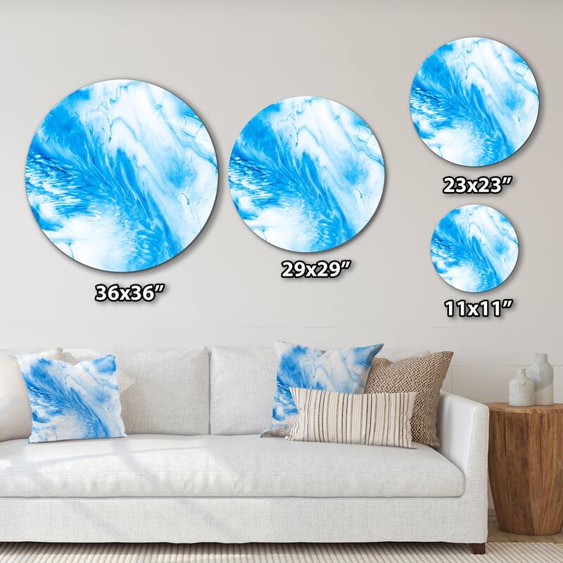 Designart 'Blue And White Liquid Art Waves V' Modern Metal Circle Wall Art
