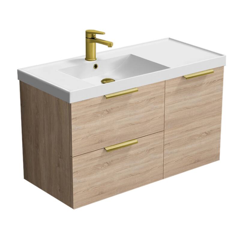 Nameeks Lisbon-3619-W Lisbon 36" Wall Mounted Single Basin Vanity Set - Brown Oak / Matte Gold - Oak Finish