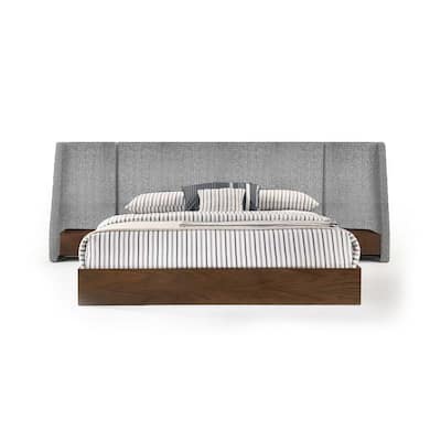 Nie Queen Bed, Gray Upholstered Wide Wall Headboard, Walnut Brown Wood