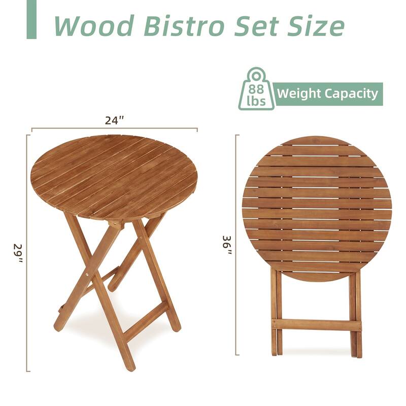 Farmhouse 3-Piece Acacia Bistro Set, Foldable Wood Patio Furniture with Coffee Table & Chairs, Space-Saving Set
