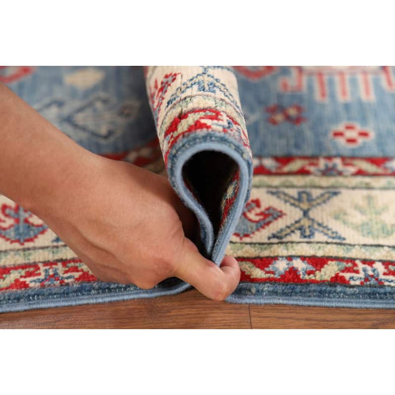 Light Blue Kazak Foyer Rug Hand-Knotted Geometric Wool Carpet - 2'9" x 4'1"