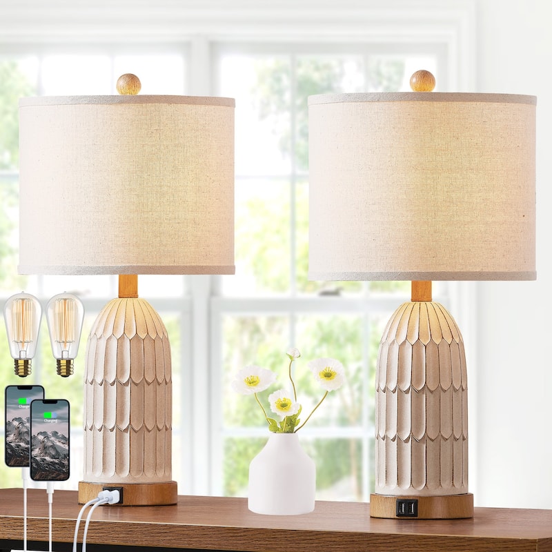 Beige Resin Table Lamps with 3-way Touch Dimming Switch Dual USB Charging Ports (Set of 2) - 11'' x 11'' x 22'' (L x W x H)