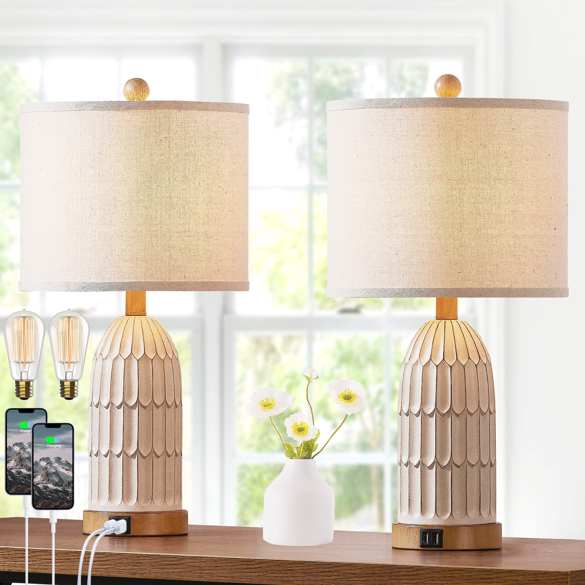 Set of 2 Black Metal Table Lamps with 2-in-1 Nightlight, USB & Type-C Ports, and AC Outlet - 11'' x 11'' x 22'' (L x W x H)