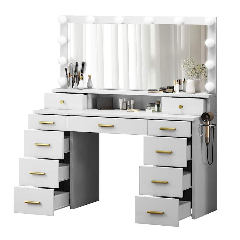 Moasis Large White Vanity Desk with 11 Drawers Mirror Lights USB and Type C Ports for Bedroom