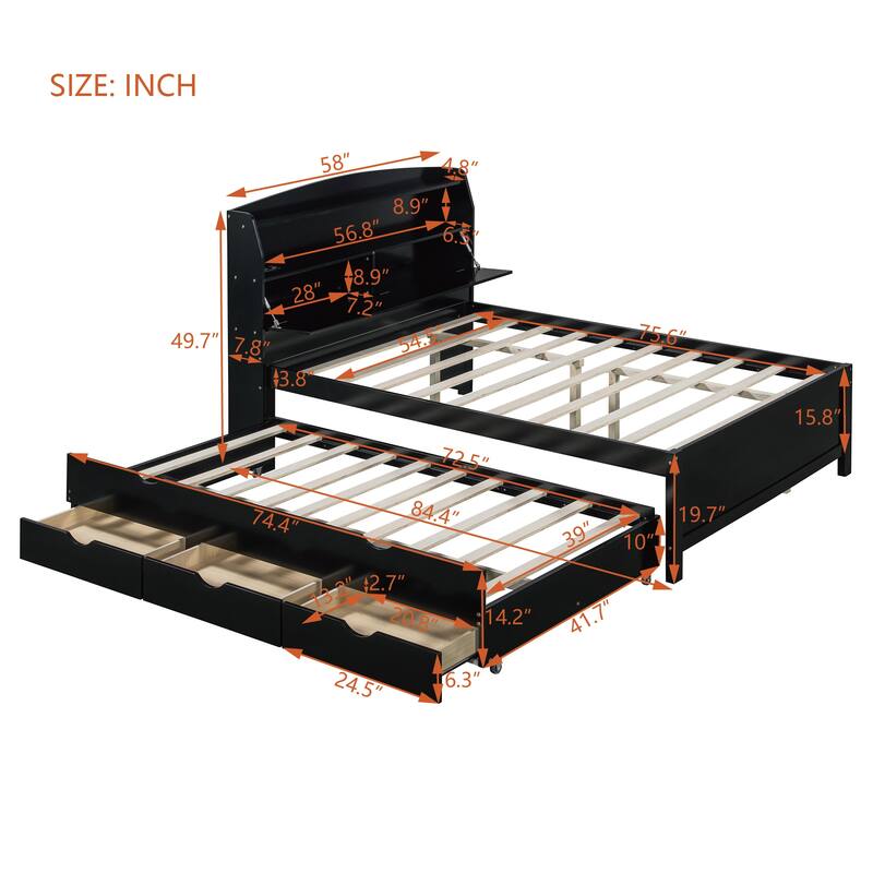 Wooden Platform Bed with Pull Out Trundle Bed and Drawers, All-in-One LED Headboard with Charging Station and Flip Up Storage