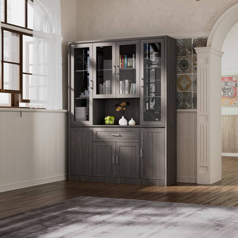 Modular Glass Door Bookcase Wall Unit with Storage Cabinets and Drawers, Dark Oak Display Hutch for Living Room or Home Office