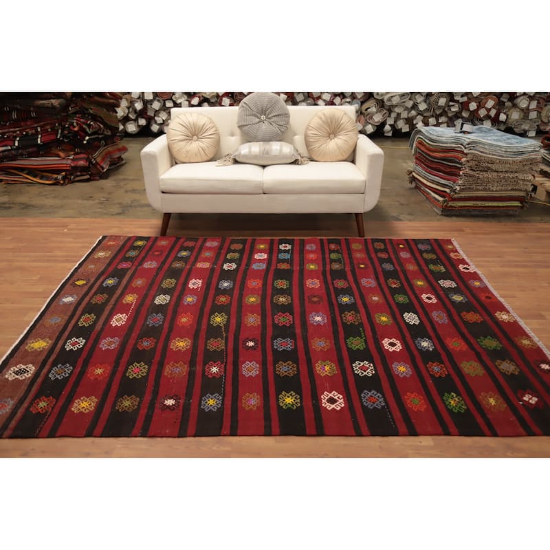 Hand Woven Oriental 100% Wool Carpet Southwestern Tribal Red Kilim Area Rug - 7' 10'' X 6' 7''