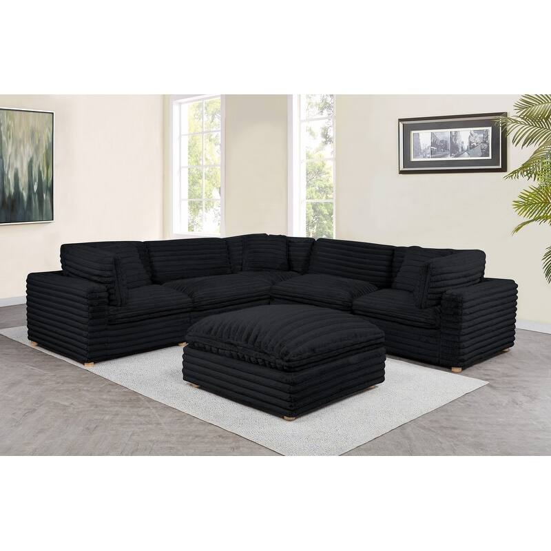 Best Quality Furniture 4-Piece Section Corduroy Modular - Black with 2 Corner Chairs 1 Ottoman