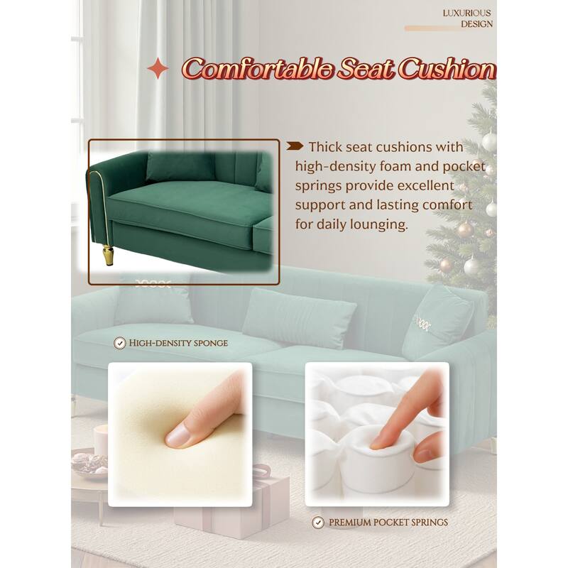 Roomfitters 87.4 Inch 3 Seater Elegant Modern Upholstered Sofa with Gold Metal Trim, Vertical Channel Tufted Back