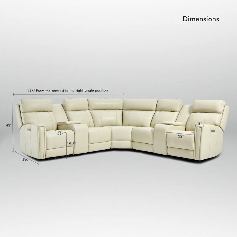 7PCS, 3 Power Recliners, Leather Reclining Sectional with Power Headrest & Lumbar, USB Port & USB-C Port