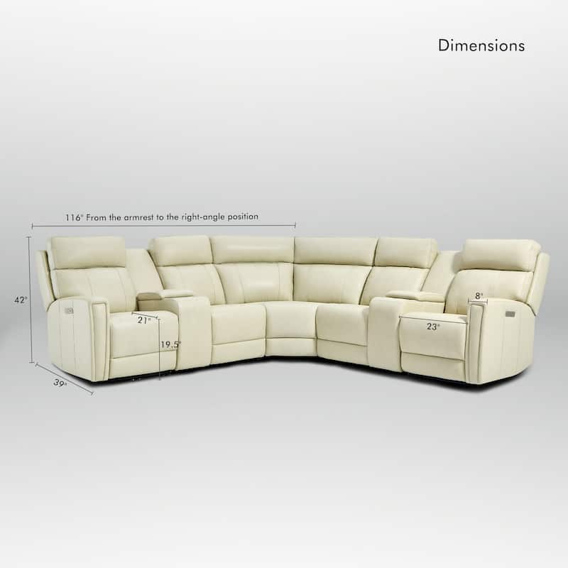 Genuine Leather Power Recliner Sectional Sofa with Ajustable Headrest, USB&USB-C Port