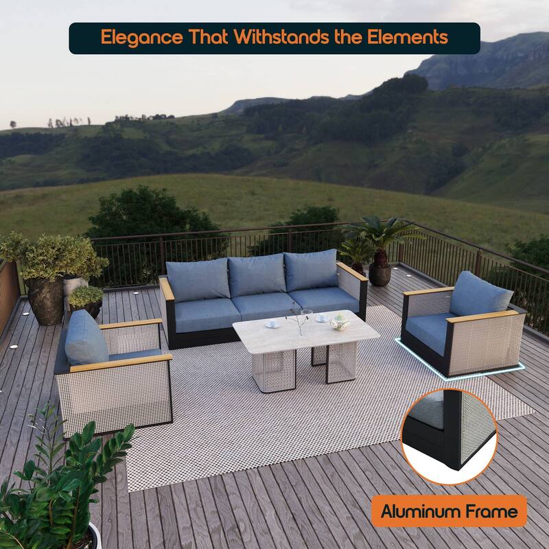 Arvin 4-Piece Outdoor Patio Conversation Set in Aluminum with Olefin Fabric Cushions Sintered Stone Rectangular Coffee Table