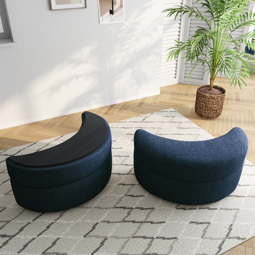 Upholstered Half Moon Storage Ottoman with Tray Set of 2