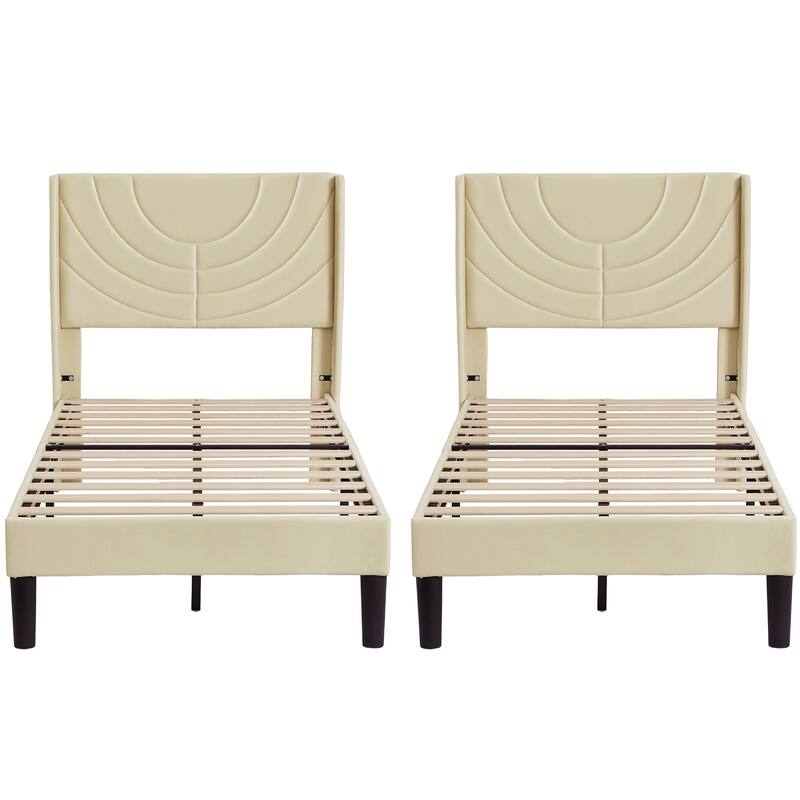 Kids Bed Frame, Height Adjustable Upholstered Bed, Twin Size Bed Set of 2 - Beige