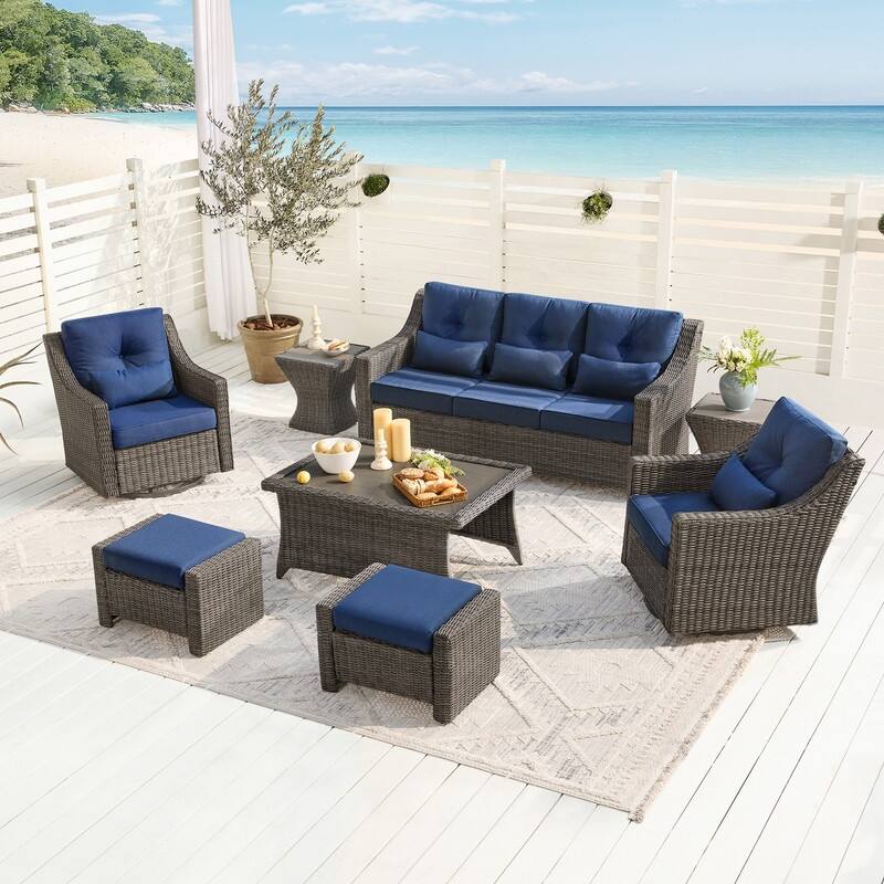 Murphy Outdoor Wicker Patio Outdoor Sofa Swivel Chair Coffee Table