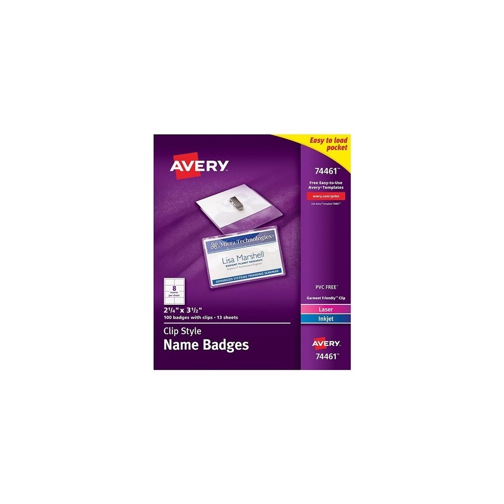 Avery 74461 Badge Holder Kit W Card Size 2 X 3 1 2 Laser Inkjet Print Technology