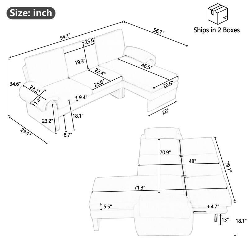 94.1" Chenille L-Shaped Futon Sofa with Adjustable Backrest & Reversible Chaise