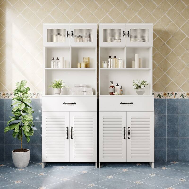 Water-Resistant MDF Bathroom Vanity with Louvered Doors, Tempered Glass Top Cabinet, and Decorative Hardware