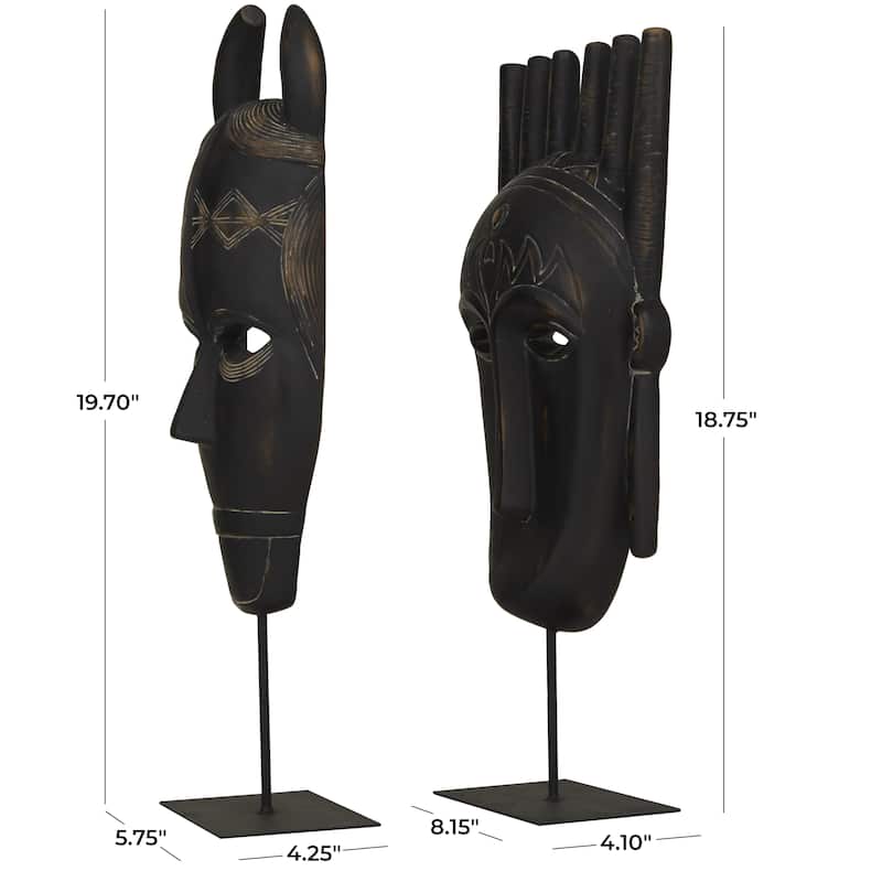 Polystone Mask Handmade Carved Decorative Sculpture - Set of 2 Black - Roche River Decor