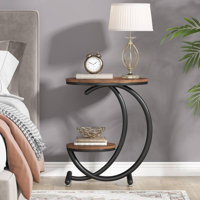 16.68" Industrial Round Side Table, 2-Tier End Table with Storage Shelf, Rustic Brown Accent Table for Living Room, Bedroom