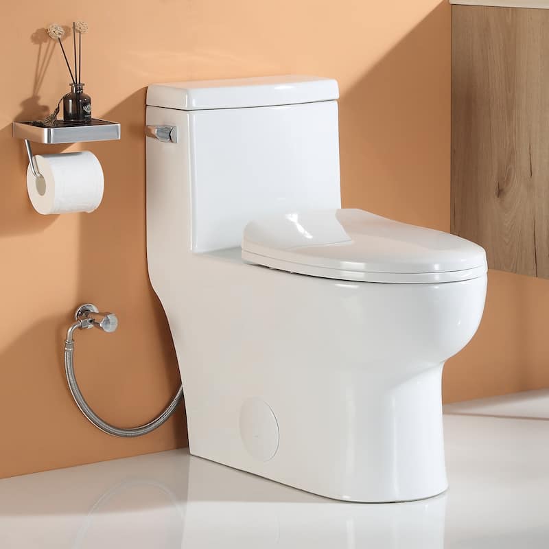HOROW 1-Piece 1.28 GPF Compact Elongated Toilet in White with Comfort Height and Soft-Close Seat Included - N/A - White