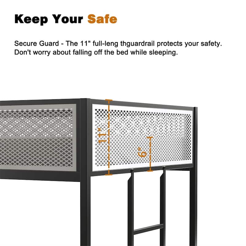 Twin Twin Bunk Bed Metal with Mesh Guard Rail and Stable Ladder