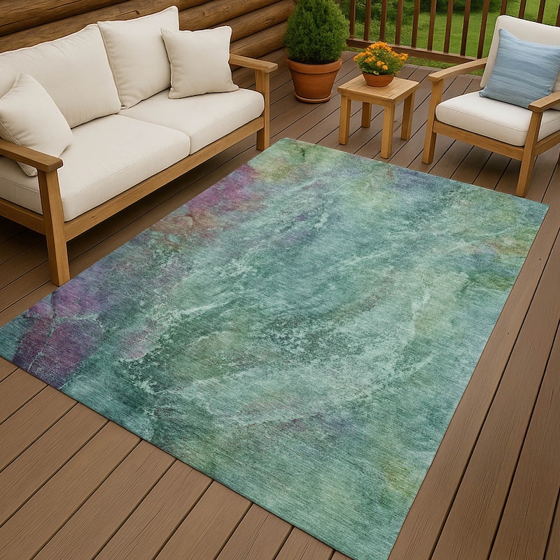 Machine Washable Indoor/ Outdoor Abstract Watercolor Chantille Rug