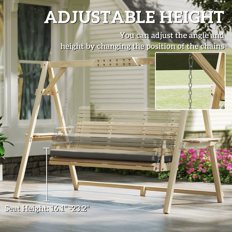 Outsunny 3 Seat Porch Swing with Stand, Wooden Patio Swing Chair with Cushion, Side Trays and Metal Chains