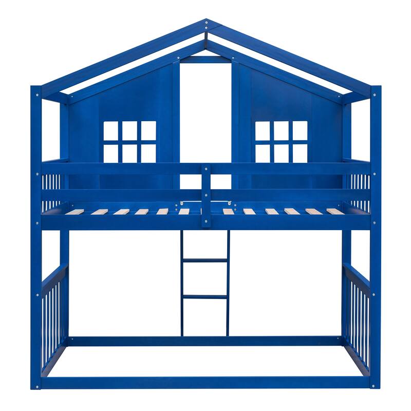 Twin Over Twin House Bunk Bed With Ladder, Wood Bed