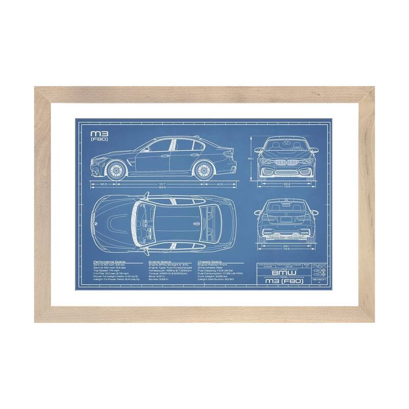 iCanvas "BMW M3 (F80) Blueprint" by Action Blueprints - Natural - 24x32x1