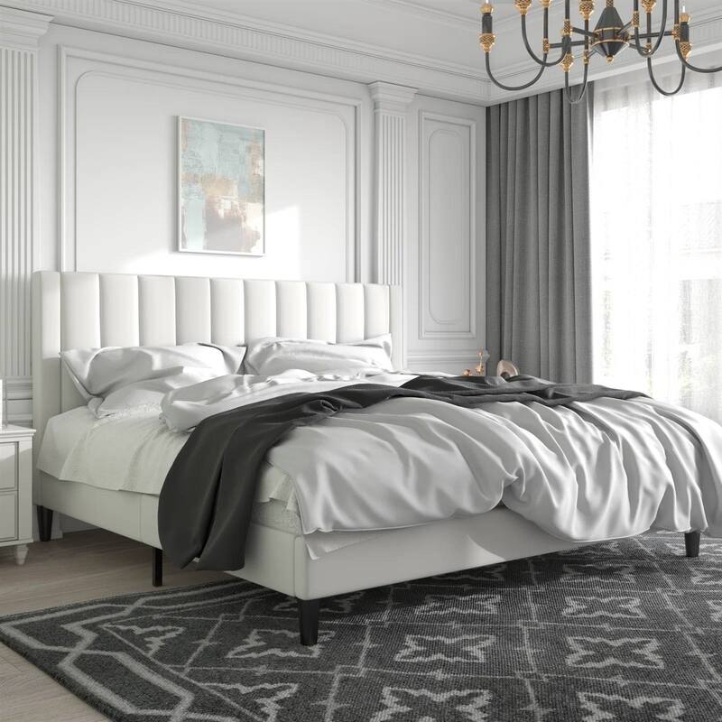 Velvet Upholstered Platform Bed Frame with Headboard - White - King