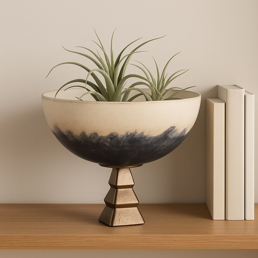 Modern Decorative Round Metal Bowl with Stand - 11", Ivory & Blue - 11.0"