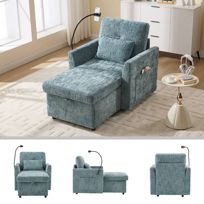 Multifunctional Lazy Person Sofa Recliner Can Be Stored Storage Backrest With Cell Phone Bracket Chenille Single Leisure Chair - Lake Blue