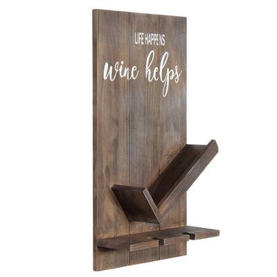 Elegant Designs Lucca Wall Mounted Wooden “Life Happens Wine Helps” Wine Bottle Shelf with Glass Holder
