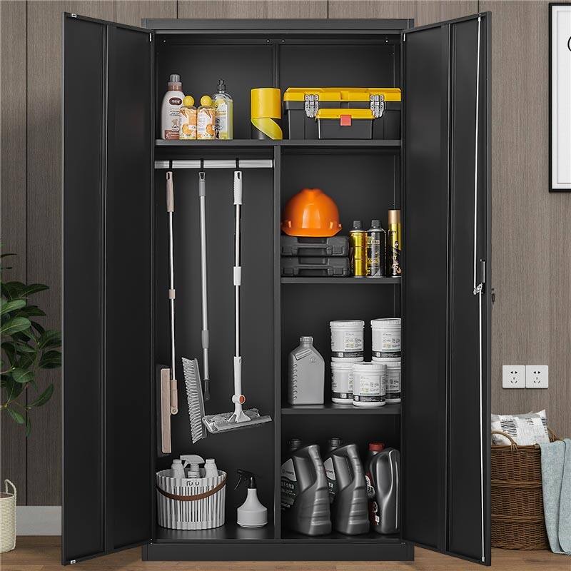 Anmytek Black Lockable Storage Cabinet with Hanging Rod and Adjustable Shelves Secure Wardrobe for Bedroom and Living Room