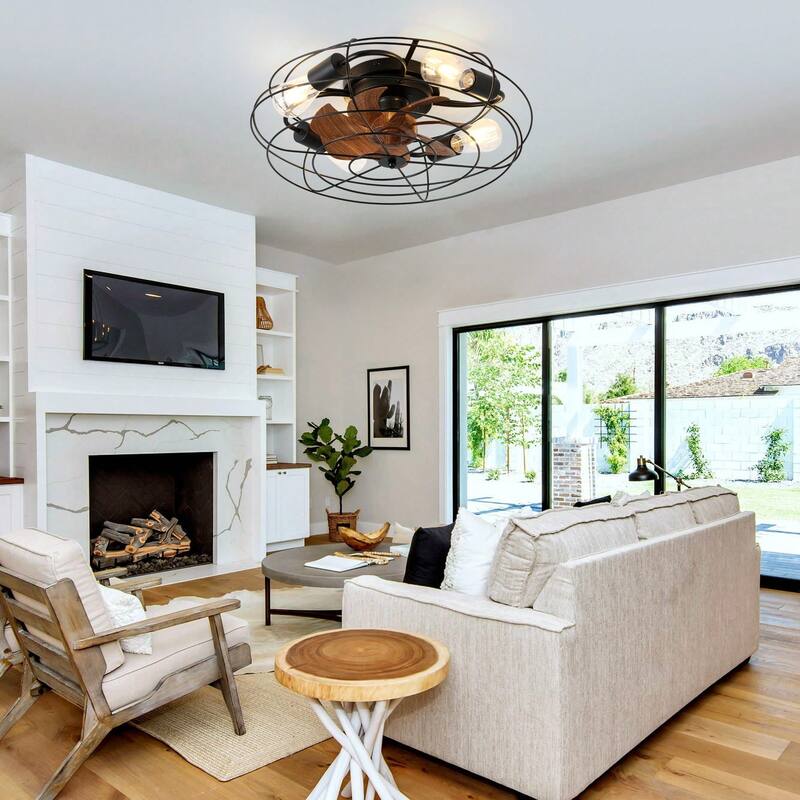 Cusp Barn 20'' Farmhouse Caged Ceiling Fan with Light, Modern Enclosed Low Profile Flush Mount Reversible Fandelier Ceiling Fan