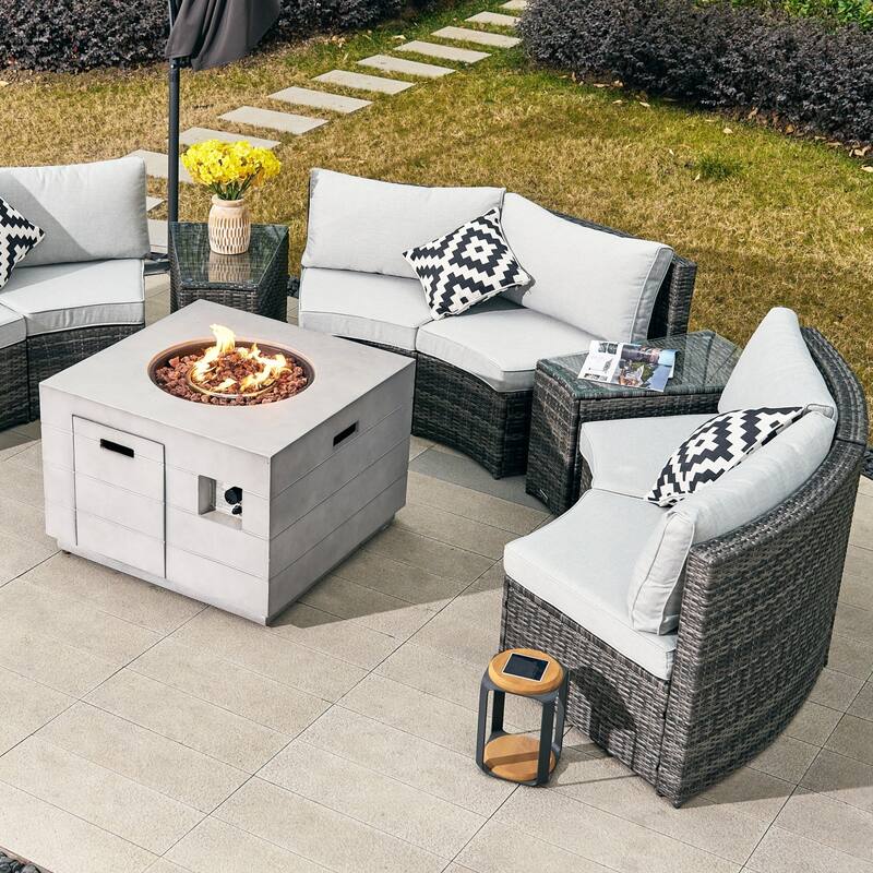 9-Piece Modular Patio PE Rattan Sofa Set with 50000BTU Terrafab Composite Fire Pit Table
