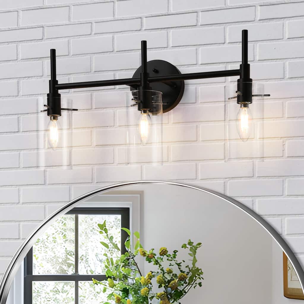 Modern 3-Light Matte Black Dimmable Bathroom Vanity Lights Cylinder Shade Wall Sconces with Clear Glass - 20" L x 6" W x 10.5" H