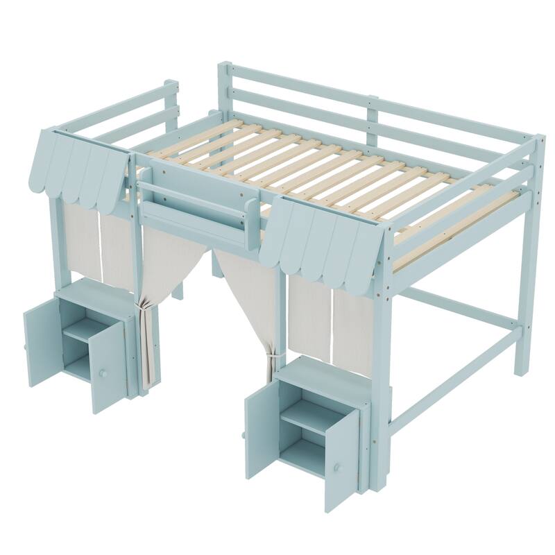 Roomfitters Low Loft Bed with Curtain and Storage, Solid Wood Cottage Frame with Bookshelf