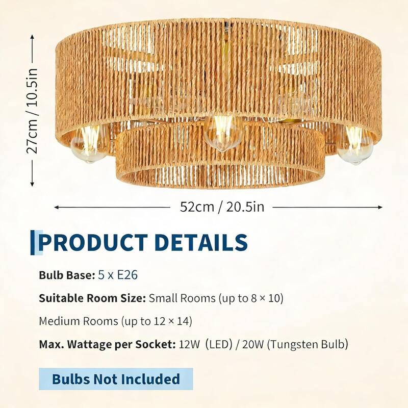 20" Rattan Boho Ceiling Fan with Light Flush Mount, 6 Speeds Reversible for Living Room Bedroom