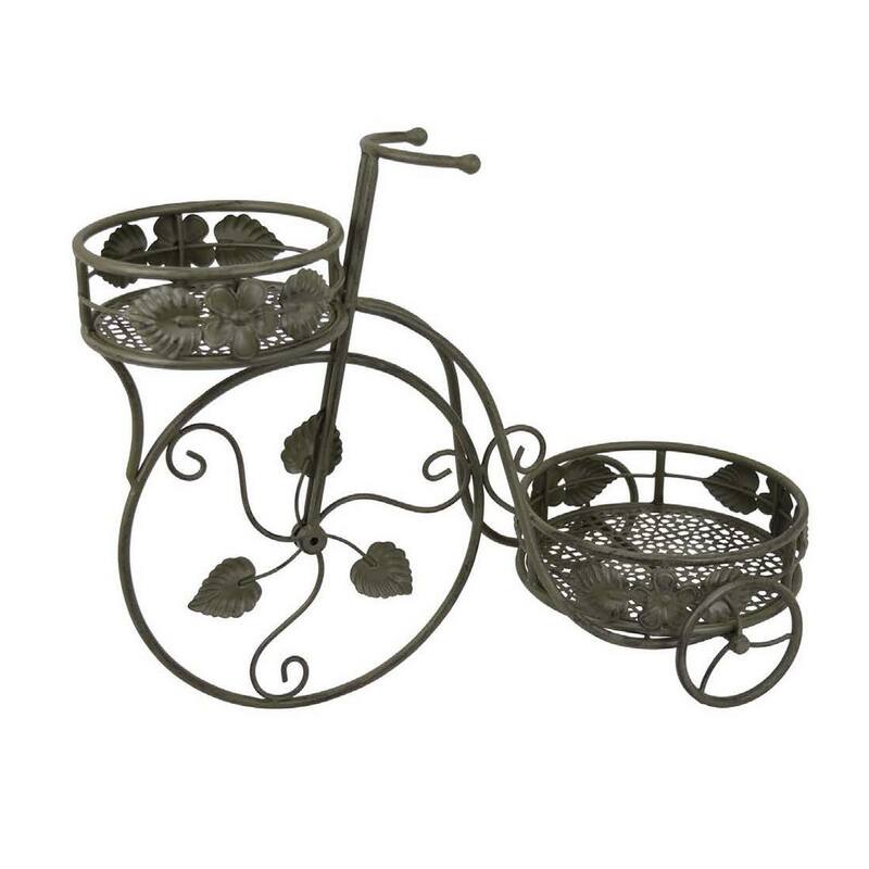 Covey Accent Plant Stand Tricycle, 2 Round Pots, Green Metal 22 Inch