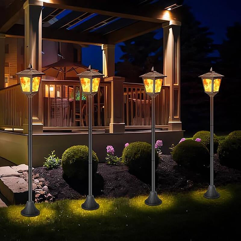 40" Solar Flame Flickering Lights Outdoor, LED Post Lanterns for Garden & Pathway, Waterproof - Black