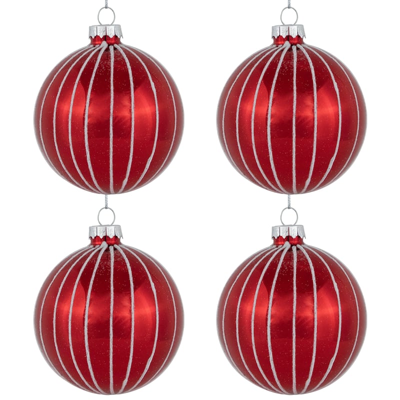 4Ct Shiny Red White Striped Glass Ball Christmas Ornaments 3" (80Mm)