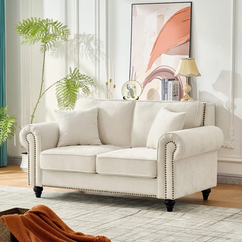 Loveseat with Rolled Armrest, Chenille Upholstered Fabric Sofa, 2-Seater Couch with Solid Wood Legs & Nailhead Trim - Beige