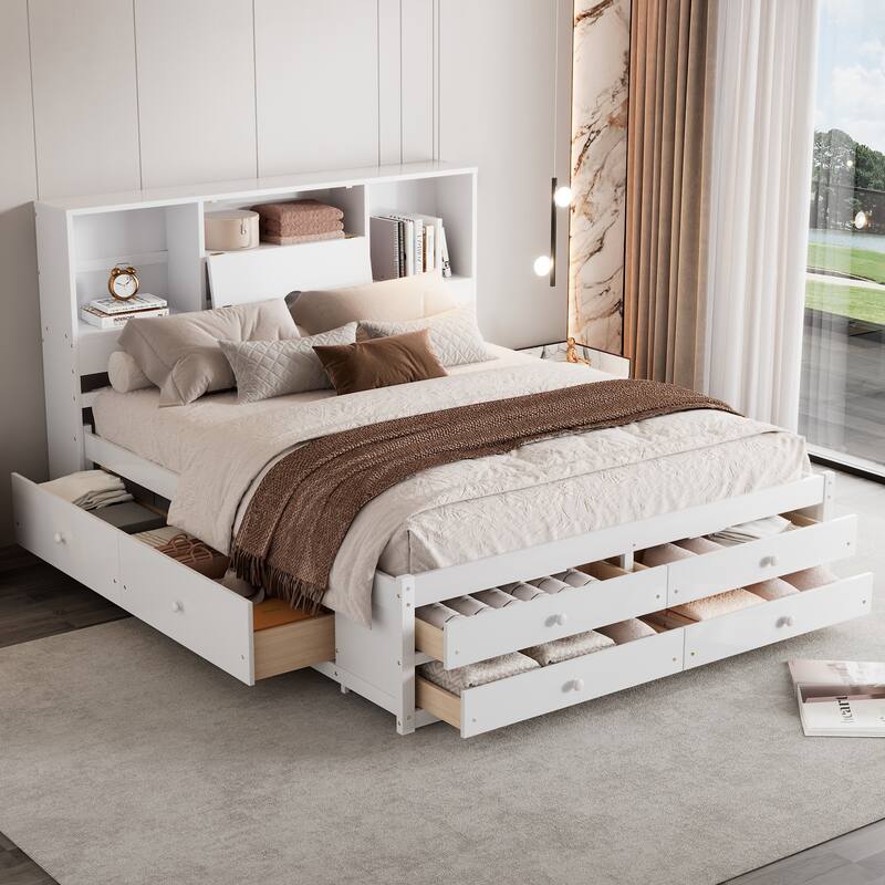 Roomfitters Queen/King Platform Bed with Storage Headboard and 8 Drawers, Solid Wood