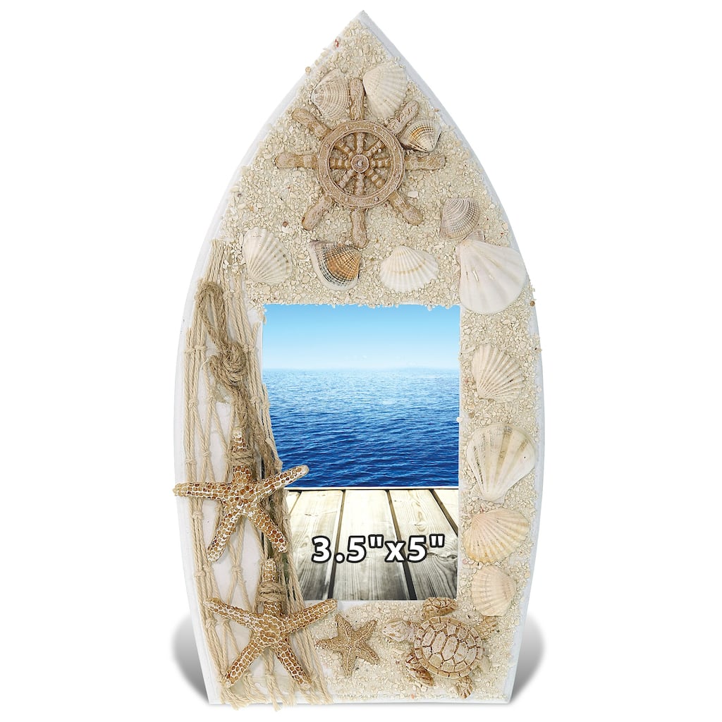 CoTa Global White Wood Seashell Oceanic Sea Turtle Boat 3.5X5 Frame - 9.4 Inches