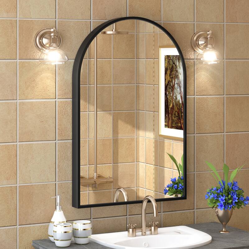 Arch High-Strength Tempered Glass and Aluminum Alloy Framed French Cleat Mounted Wall Mirror - 30" x 20" - Black